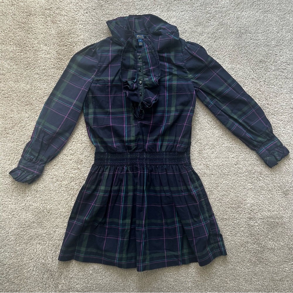 Polo Ralph Lauren Girls Size 12 Long Sleeve Plaid Dress With Ruffle Buttons